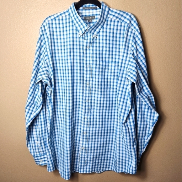 Eddie Bauer Mens Tall Wrinkle Free Relaxed Fit Blue/White Plaid-Size L Tall - Picture 1 of 7